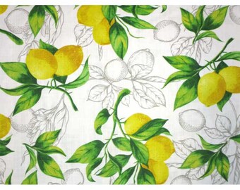 May include: White fabric with a repeating pattern of yellow lemons, green leaves, and gray sketched lemon branches. The lemons are clustered in groups, and the leaves have a watercolor effect. The design is suitable for home decor or fabric projects.