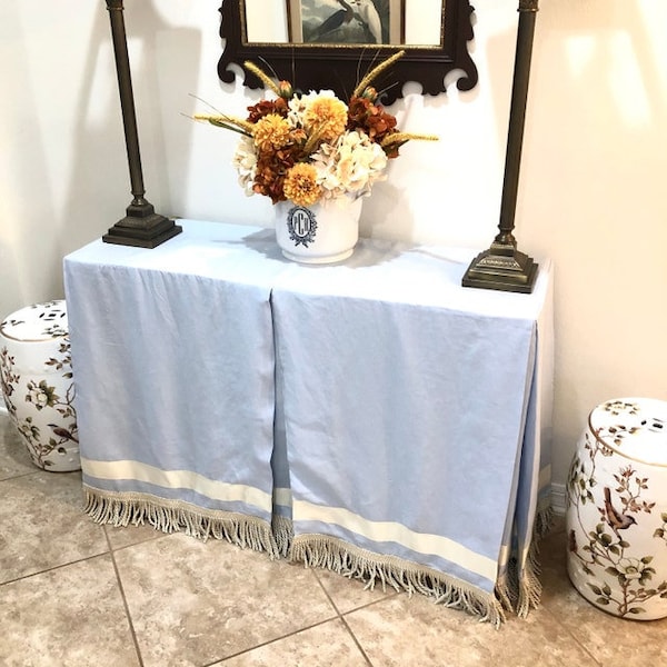Baby blue console table skirt with fringe ,custom tablecover,home decor