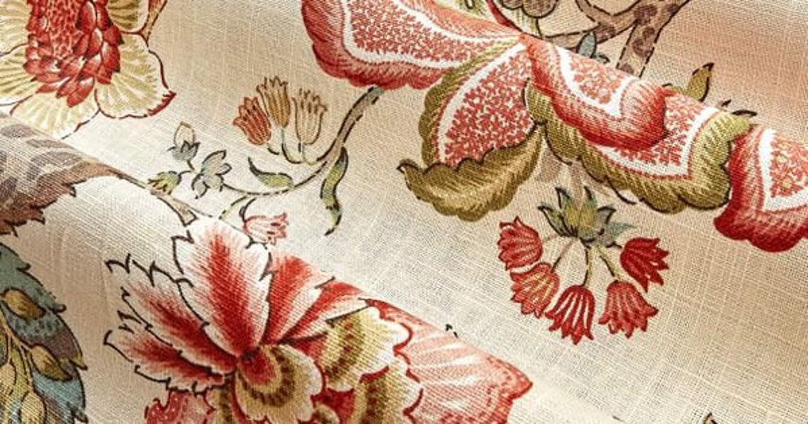 Jacobean Linen Curtain Panel Red Floral Panel in Kaufmann Etsy