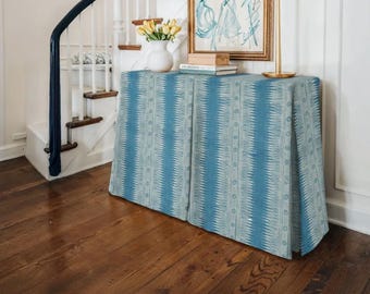 Console  table skirt in customer's own fabric Lee Jofa Indian Zag