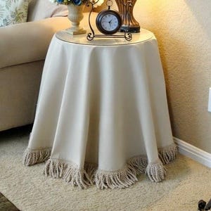 Custom LINEN  table skirt with fringe  ,ivory round , console LINED table cover ,home decor