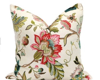 Floral Linen  pillow cover in Kaufmann  designer fabric  Linen  ,red decorative cushion cover