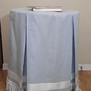 Custom baby blue Linen console ,round table skirt with fringe , table cover, home decor