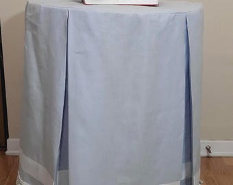 Custom baby blue Linen console ,round table skirt with fringe , table cover, home decor