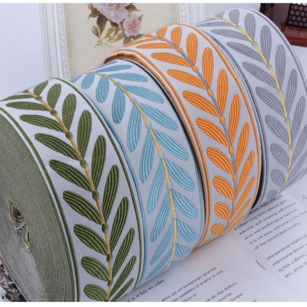 Floral leaves  Jacquard imbordered trims wide 2 .36  ", Home decor ribbon, Colors yellow orange,green ,grey,blue USA FREE SHIPPING