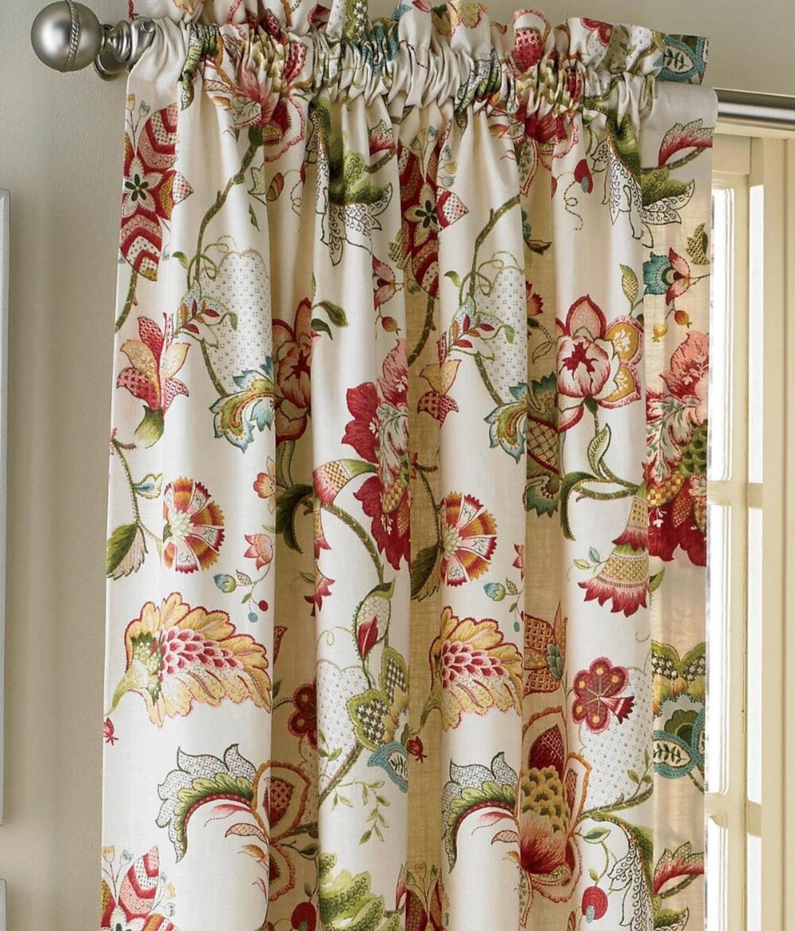 Jacobean Linen Curtain Panel Floral Window Panels in Kaufmann Etsy