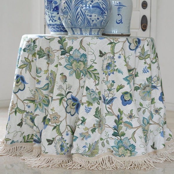 Custom designer floral  table skirt with fringe , blue  Chinoises round Tablecloth  ,Home decor