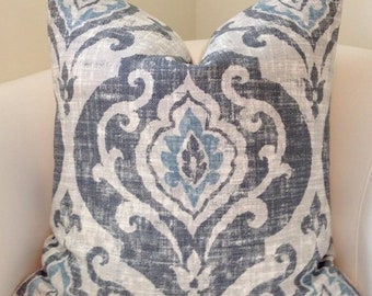 Blue -grey medallion ikat pillow cover ,decorative cushion in Designer fabric  Covington Suri Slate ,Both sides ,USA FREE SHIPPING