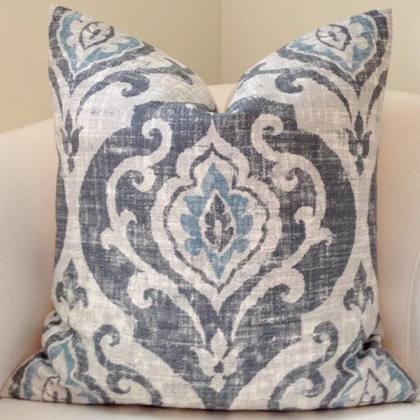 Blue -grey medallion ikat pillow cover ,decorative cushion in Designer fabric  Covington Suri Slate ,Both sides ,USA FREE SHIPPING