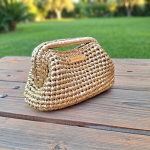Crochet Metallic Clutch Bag Pattern, Top Handle Purse Tutorial, Woven Handbag Instructions PDF Pattern