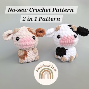 May include: Two crocheted cow plushies, one brown and white, the other black and white. The plushies are sitting on a white surface. The text "No-sew Crochet Pattern 2 in 1 Pattern" is above the plushies. The text "plushicacrochet" is below the plushies.