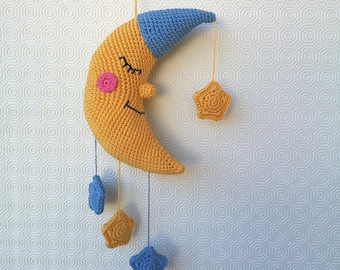 Moon with Stars Mobile Crochet Pattern Nursery Wall Hanging baby gift PDF Instant Download