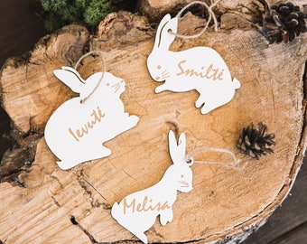 Personalized Wooden Easter Bunny Decorations - Set of 10 White Bunnies for Easter Tree or Table. Nice Easter gift for a child or loved one