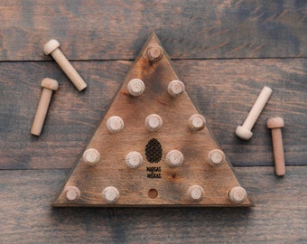 Handmade Wooden Peg Solitaire Game: Tricky Triangle Puzzle