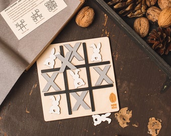 Juego de tres en raya de madera hecho a mano: Tablero de viaje de conejo de Pascua