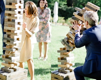 Perfect Wedding Reception Game - Handmade Wooden Giant Tumbling Tower. Fun Outdoor Wedding Game Idea and Activity for Guests