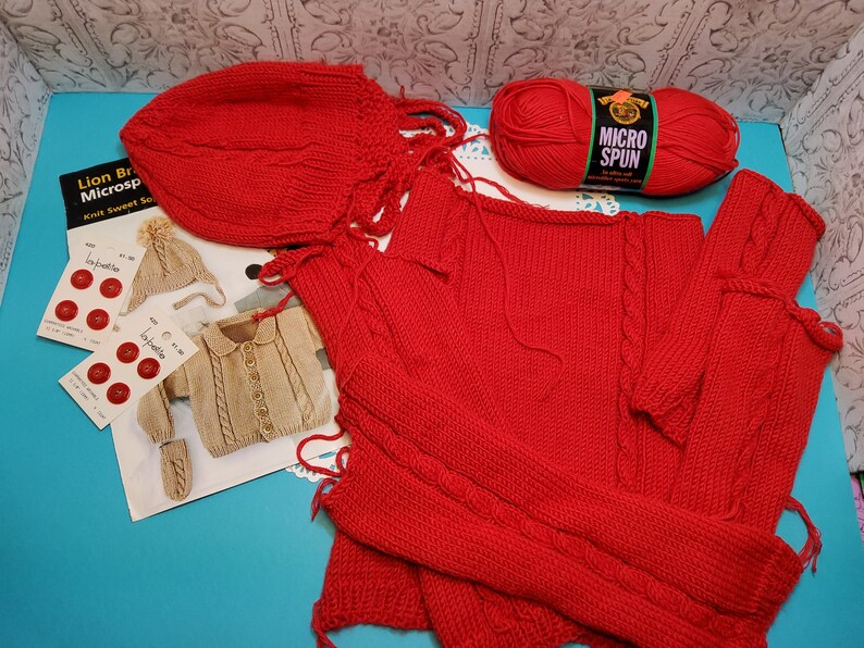 Hand Knit WIP, size 12 months, baby sweater, vintage knitting, work in progress, red baby sweater, gift idea, soft yarn, microspun yarn image 4