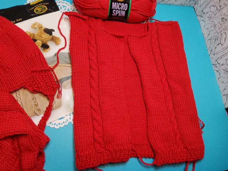 Hand Knit WIP, size 12 months, baby sweater, vintage knitting, work in progress, red baby sweater, gift idea, soft yarn, microspun yarn image 3