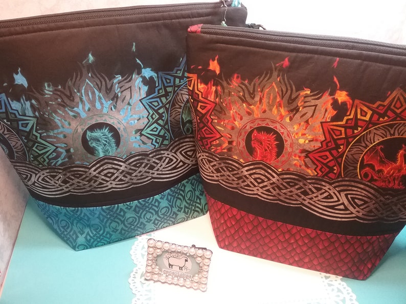DRAGONS cotton fabric bag easy to carry storage for yarn M size project bag for knitting or crochet zipper bag with handle gift idea