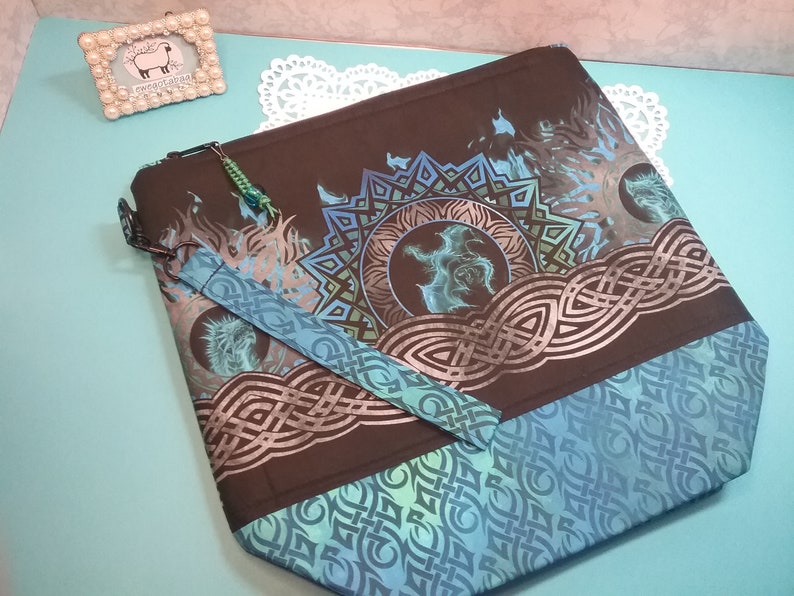 DRAGONS cotton fabric bag easy to carry storage for yarn M size project bag for knitting or crochet zipper bag with handle gift idea