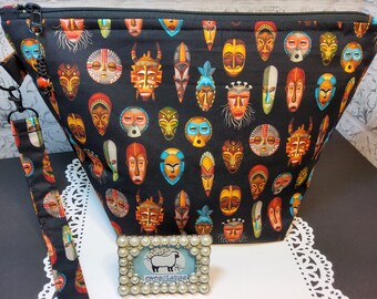 AFRICAN PRINT  M size project bag for knitting or crochet, gift idea, zippered bag, yarn storage, shawl size bag, bag for yarn, gift idea