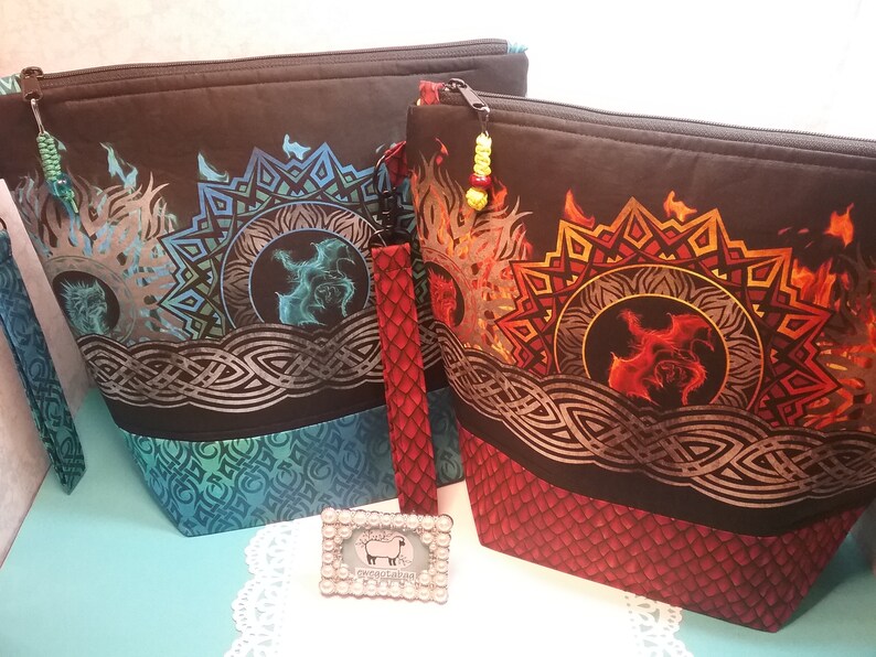 DRAGONS cotton fabric bag easy to carry storage for yarn M size project bag for knitting or crochet zipper bag with handle gift idea