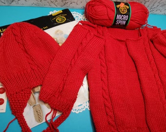 Hand Knit  WIP, size 12 months, baby sweater, vintage knitting, work in progress, red baby sweater, gift idea, soft yarn, microspun yarn