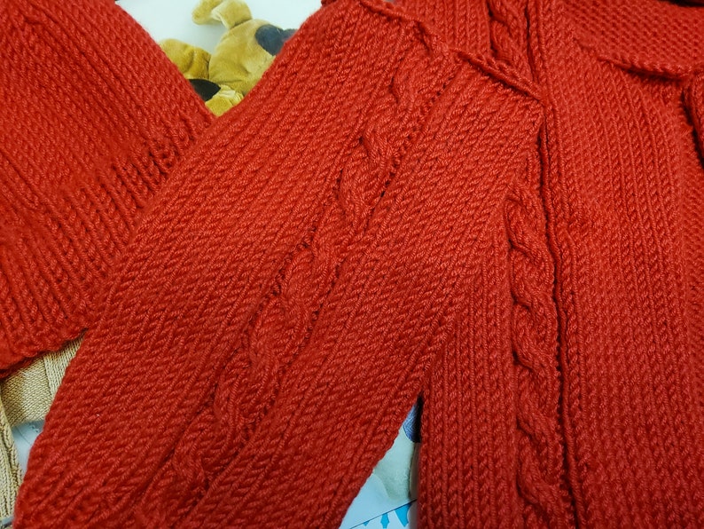 Hand Knit WIP, size 12 months, baby sweater, vintage knitting, work in progress, red baby sweater, gift idea, soft yarn, microspun yarn image 2