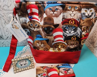 CATS in HATS  M size project bag for knitting, crochet, handwork, yarn storage, cute cats, gift idea, for guys or gals, travel knitting