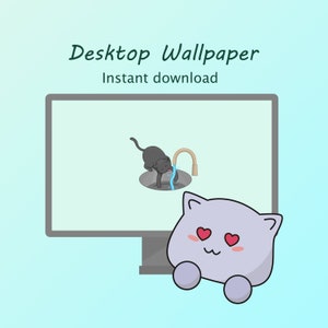 Op de afbeelding: Een desktopscherm met een cartoon van een zwarte kat die uit een kraan drinkt. Een cartoon van een lichtpaarse kat met hartvormige ogen kijkt naar het scherm.