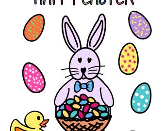 Easter Coloring Pages - Bunny with Basket, Eggs & Duckies - Printable Kids Activity