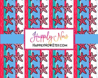 Coastal Starfish Seamless pattern - Stripes and Dots background - Bold Muted Red White & Blue - Nautical Beachy Hand-drawn Art - Americana