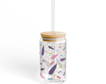 Feather Art Sipper Glass, 16oz Hand Drawn Sweet Feather Design - Fall in Love Glass