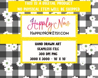 Gray and White Gingham Diamond Seamless Surface Pattern with White Flower Accents - 4 Files Including Classic Gingham Plaids
