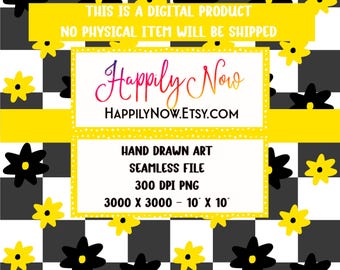 Dark Gray and White Checkered Seamless Surface Pattern with Black and Bright Yellow Flowers - 300 DPI PNG - Instant Digital Download