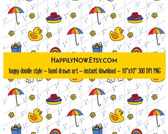 Happy Rainy Day Seamless Pattern Hand Drawn High Quality 300 dpi PNG Instant Digital Download Transparent AND White backgrounds 4 files!