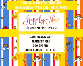 Happy Rainy Day Striped Seamless Surface Pattern with Rubber Ducks, Rainbows, Umbrella and more - Coordinates with others in this collection