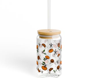 Tangerine Love Sipper Glass Can - 16oz Eco-Friendly Drinkware - Summer Refreshments - Sustainable Lifestyle - Cute Hand Drawn Art