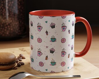 Coffee Love Mug for Sweet Moments, Cute hand Drawn Coffe and Donuts Design,  Fun Mug, Sweet for Birthdays, Cute Gift and Kitchen Decor