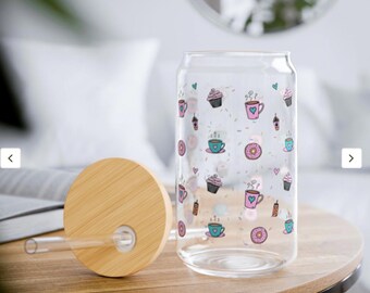 Coffee Love Whimsical Sipper Glass - Perfect for Parties, Picnics, and Gift Giving - Cute Kitchen Decor - Hand Drawn Happy Doodle Style