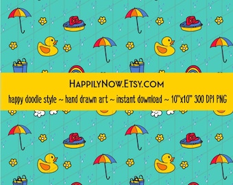 Happy Rainy Day Seamless Pattern Hand Drawn High Quality 300 dpi PNG Instant Digital Download pastel light green background