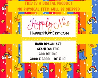 Happy Rainy Day Bold Stripe Seamless Surface Pattern Raindrops Included - Cheerful Rubber Ducks Rainbows and more - coordinating collection