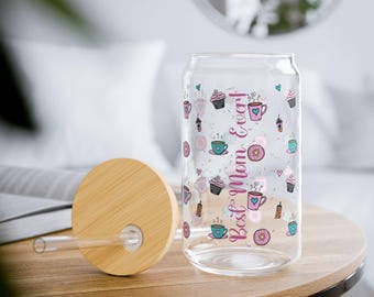 Best Mom Ever! Coffee Love Sipper Glass - Perfect Mothers Day Gift - Hand Drawn Happy Doodle Style -Sip Happy! Cute Drinkware & Fun Designs