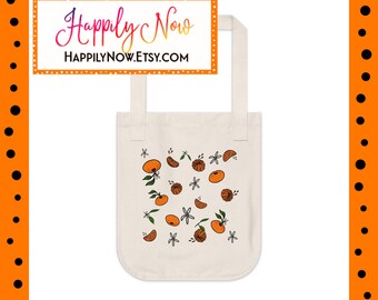 Tangerine Pattern - Hand Drawn Art - Organic Canvas Tote Bag - Seamless Pattern Also Available - Farmers Market Ready!