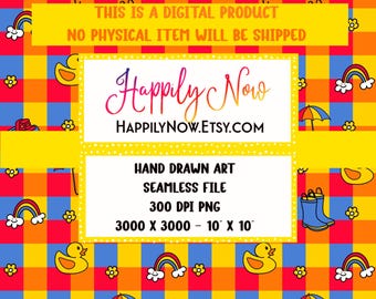 Happy Rainy Day Plaid - Colorful featuring cute hand drawn elements  rubber ducks, rainbows and more - coordinating collection