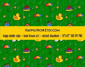 Happy Rainy Day Seamless Pattern with grass green background! Hand drawn in my signature Happy Doodle Style - 10” x 10” 300 DPI PNG