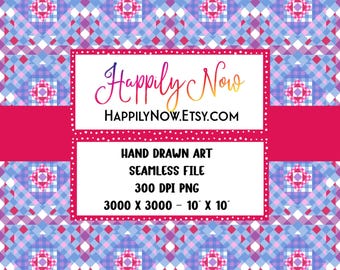 Multi Colored Diamond Gingham Quilt-like Pattern - Seamless Surface Design - Bright Cheerful Pinks Blues Lavender and White 300 DPI PNG