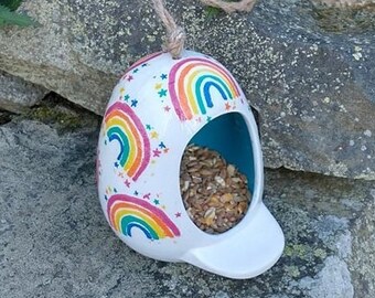 Ceramic Bird Feeder, Rainbows and Stars, Two Tone, White and Blue, Wishes, Hanging Bird Feeder, Perch Bird Feeder, Egg Shaped Feeder, Gifts