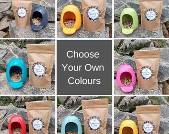 Ceramic Bird Feeder and Wild Bird Food Gift Set, Choose Your Own Colour, Tear Drop Shaped, Egg Shaped, Hanging Perch Bird Feeder, Gifts,