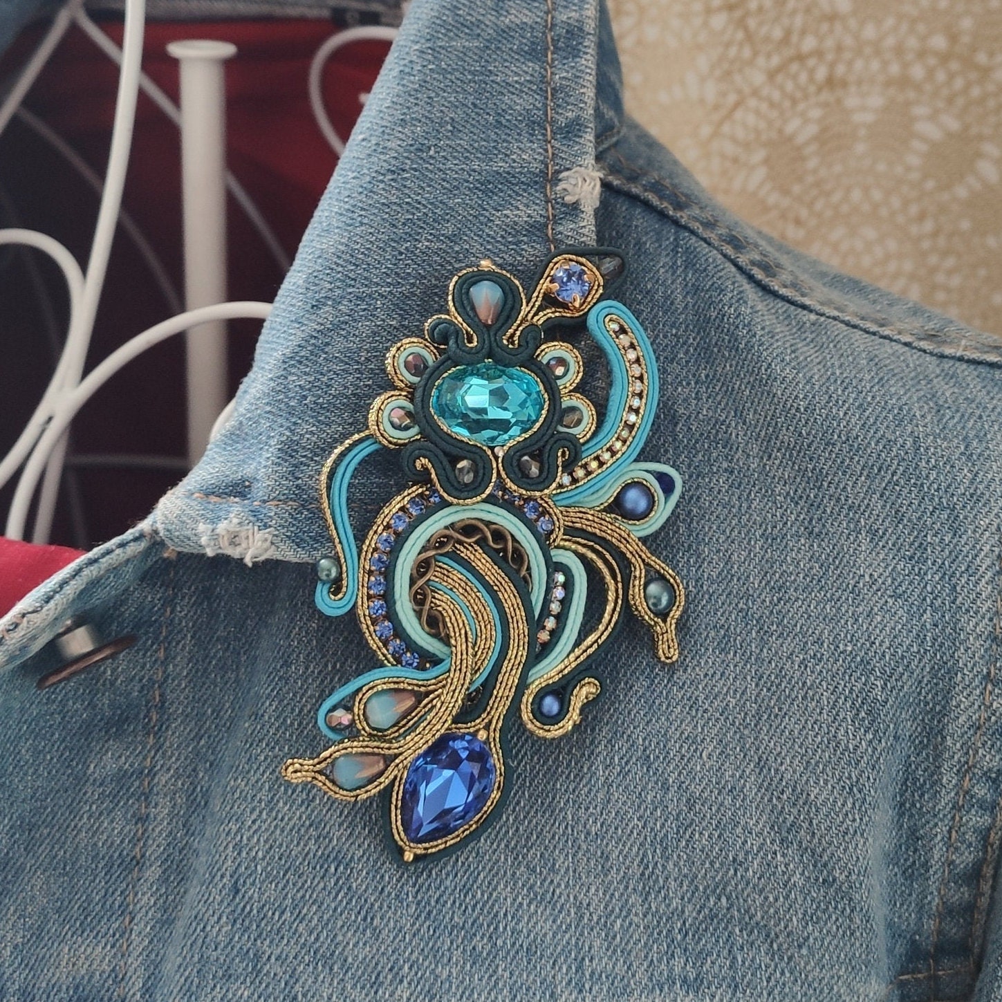 Original handmade brooch Soutache brooch with blue crystals Etsy